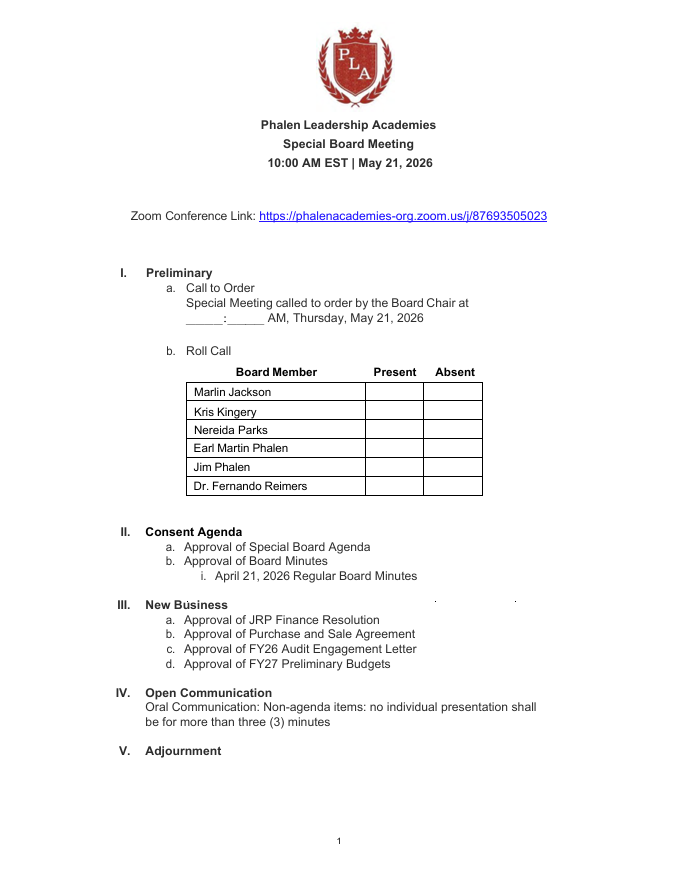 PLA Board Meeting Agenda January 20 2026